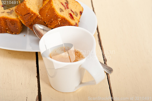 Image of plum cake and espresso coffee 