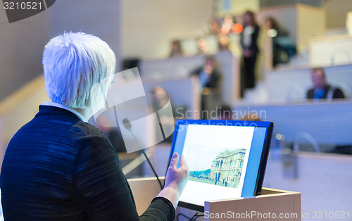 Image of Business woman lecturing at Conference.