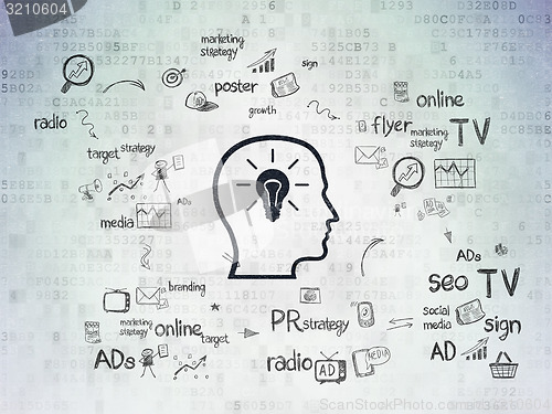 Image of Advertising concept: Head With Lightbulb on Digital Paper background