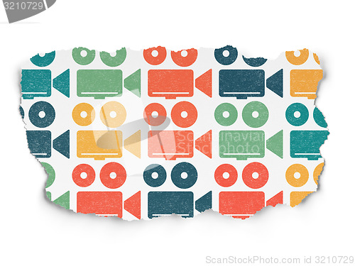Image of Travel concept: Camera icons on Torn Paper background