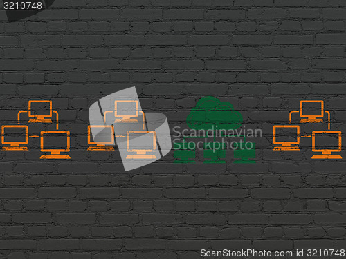 Image of Cloud computing concept: cloud network icon on wall background