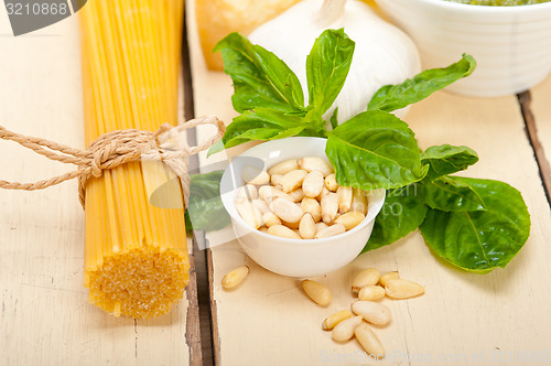 Image of Italian traditional basil pesto pasta ingredients