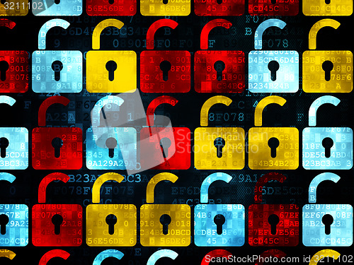 Image of Information concept: Opened Padlock icons on Digital background