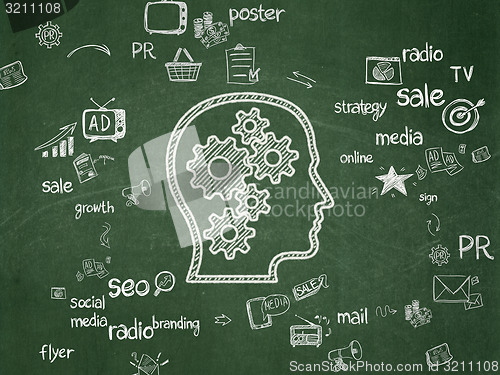 Image of Advertising concept: Head With Gears on School Board background