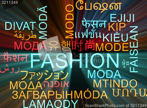 Image of Fashion multilanguage wordcloud background concept glowing