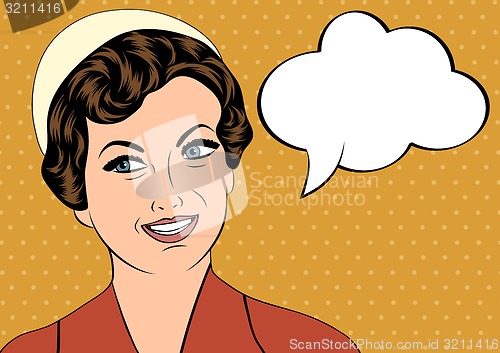 Image of pop art cute retro woman in comics style with message