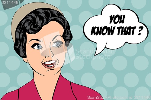 Image of pop art cute retro woman in comics style with message
