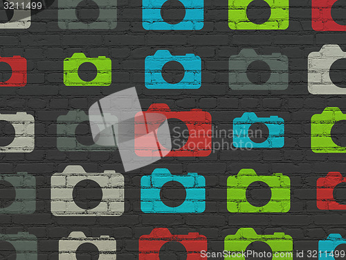 Image of Travel concept: Photo Camera icons on wall background