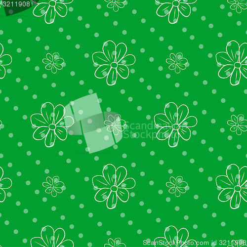 Image of seamless wallpaper. green polka dot background with a flowers