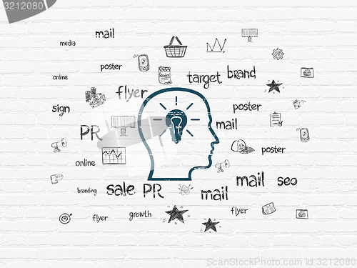 Image of Advertising concept: Head With Lightbulb on wall background
