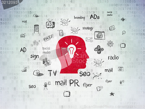 Image of Advertising concept: Head With Light Bulb on Digital Paper background