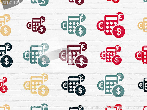 Image of Marketing concept: Calculator icons on wall background