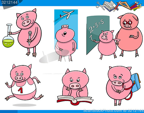 Image of piglet character student cartoon set