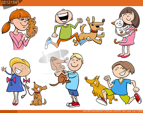 Image of kids with pets cartoon set