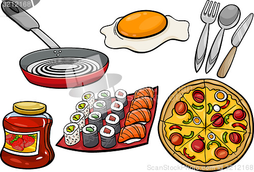 Image of kitchen and food objects cartoon set