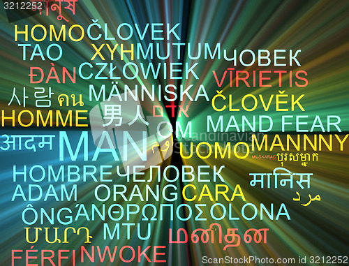 Image of Man multilanguage wordcloud background concept glowing