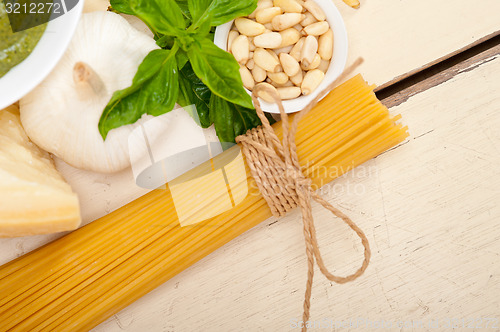 Image of Italian traditional basil pesto pasta ingredients