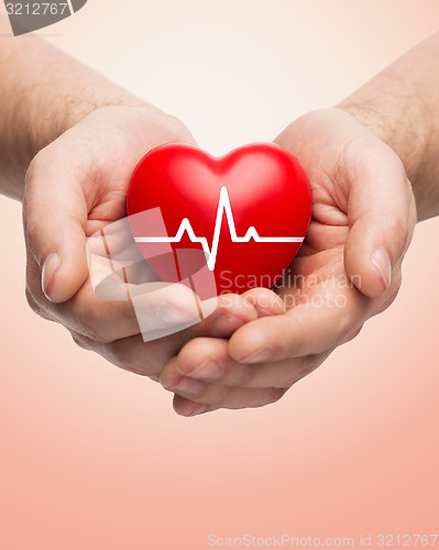 Image of close up of hands holding heart with cardiogram