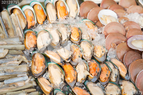 Image of oysters or seafood on ice at asian street market