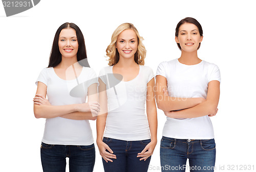 Image of group of smiling women in blank white t-shirts