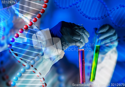 Image of close up of scientist making test in laboratory