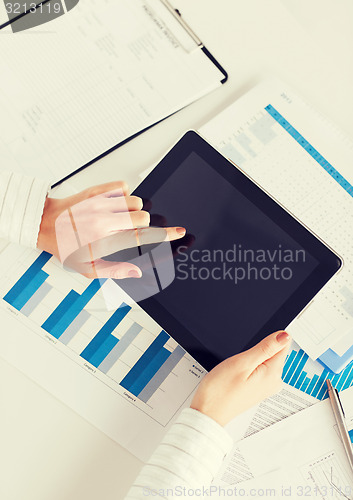 Image of woman with tablet pc and chart papers