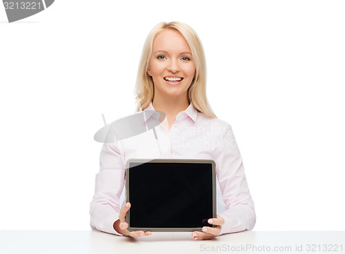 Image of smiling businesswoman or student with tablet pc