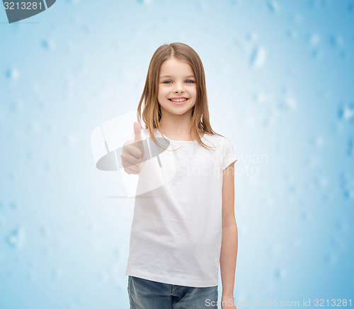 Image of girl in blank white t-shirt showing thumbs up