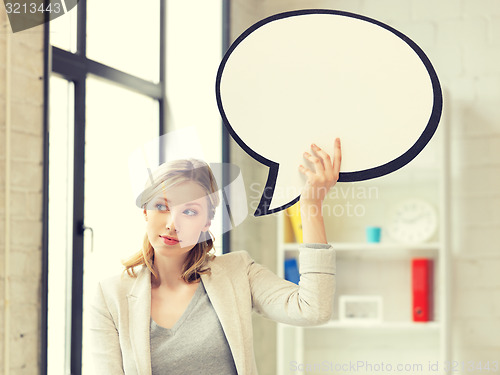 Image of thinking businesswoman with blank text bubble