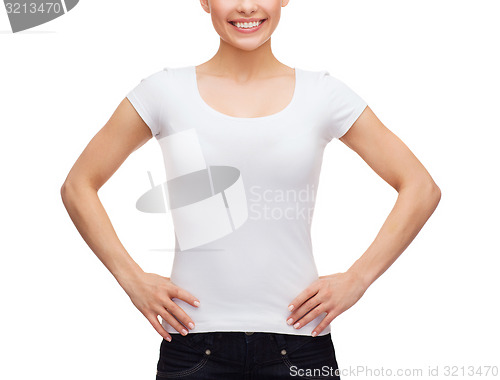 Image of smiling woman in blank white t-shirt