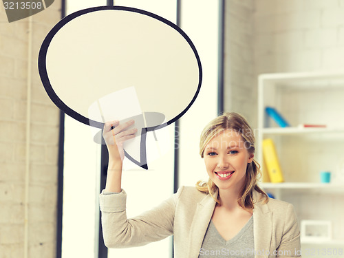 Image of smiling businesswoman with blank text bubble