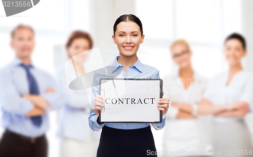 Image of smiling businesswoman with contract