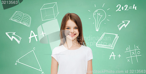 Image of smiling little girl in white blank t-shirt