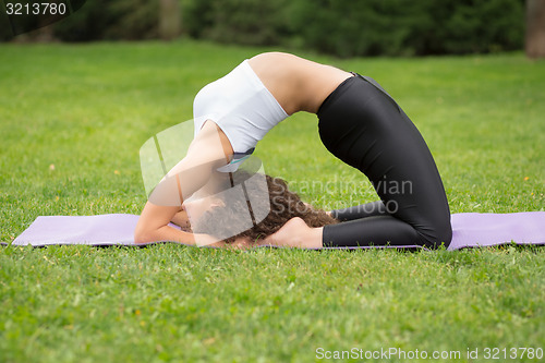 Image of Pretty woman doing yoga exercises 