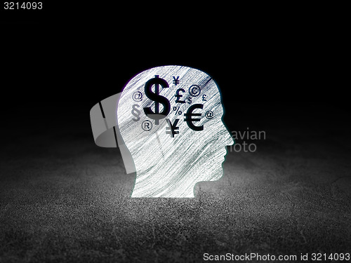 Image of Marketing concept: Head With Finance Symbol in grunge dark room
