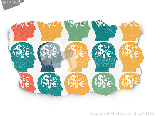 Image of Finance concept: Head With Finance Symbol icons on Torn Paper background