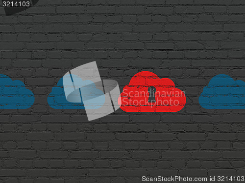 Image of Cloud technology concept: cloud with keyhole icon on wall background