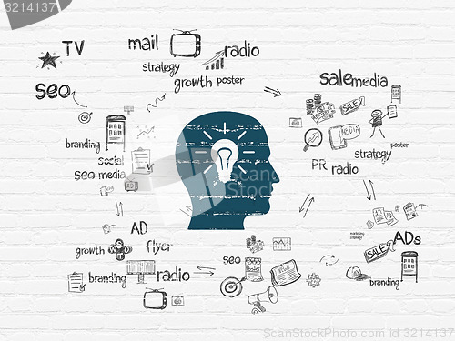 Image of Advertising concept: Head With Light Bulb on wall background