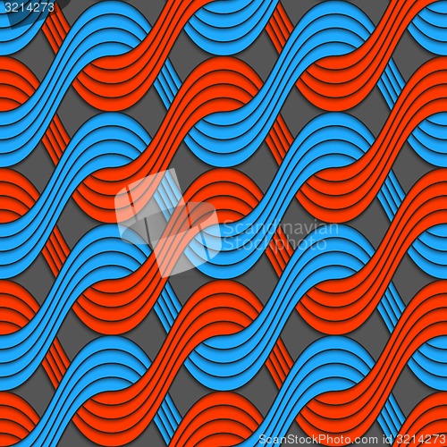 Image of Red and blue embossed interlocking wavy lines