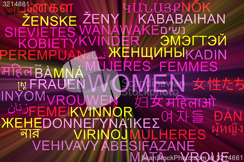 Image of Women multilanguage wordcloud background concept glowing