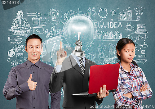 Image of Asian team and Lamp Head Man And Business Team 
