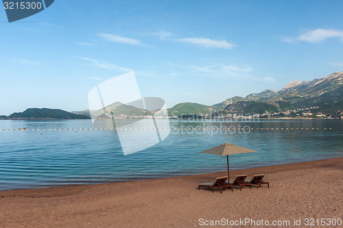 Image of Beautiful beach with sunshades in Montenegro, Balkans