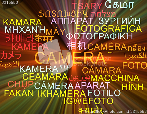 Image of Camera multilanguage wordcloud background concept glowing