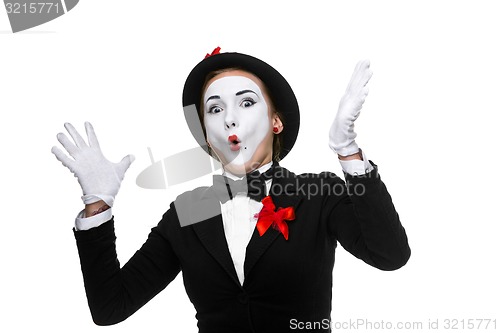 Image of Portrait of the surprised and joyful mime with open mouth