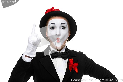 Image of Portrait of the surprised and joyful mime with open mouth