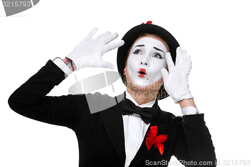 Image of Portrait of the surprised and joyful mime with open mouth