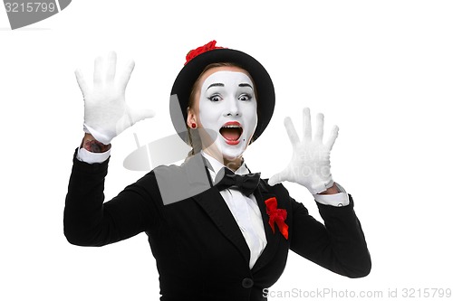 Image of Portrait of the surprised and joyful mime with open mouth