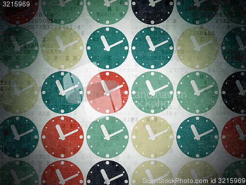 Image of Timeline concept: Clock icons on Digital Paper background