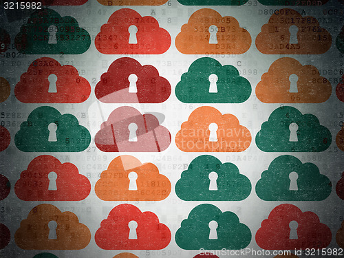 Image of Cloud networking concept: Cloud With Keyhole icons on Digital Paper background