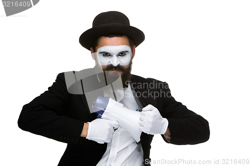 Image of mime as business man with a megaphone